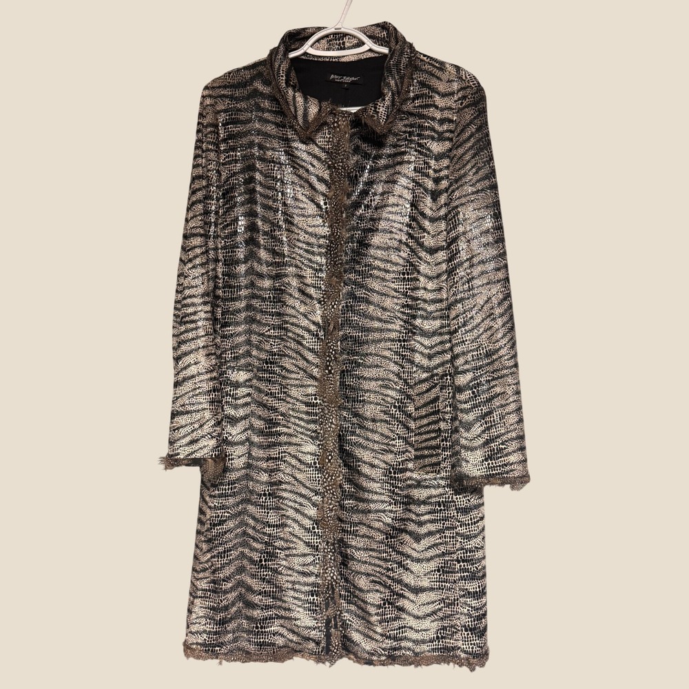 Betsey Johnson New York Vintage Animal Print Feather Trim Metallic Duster Coat S